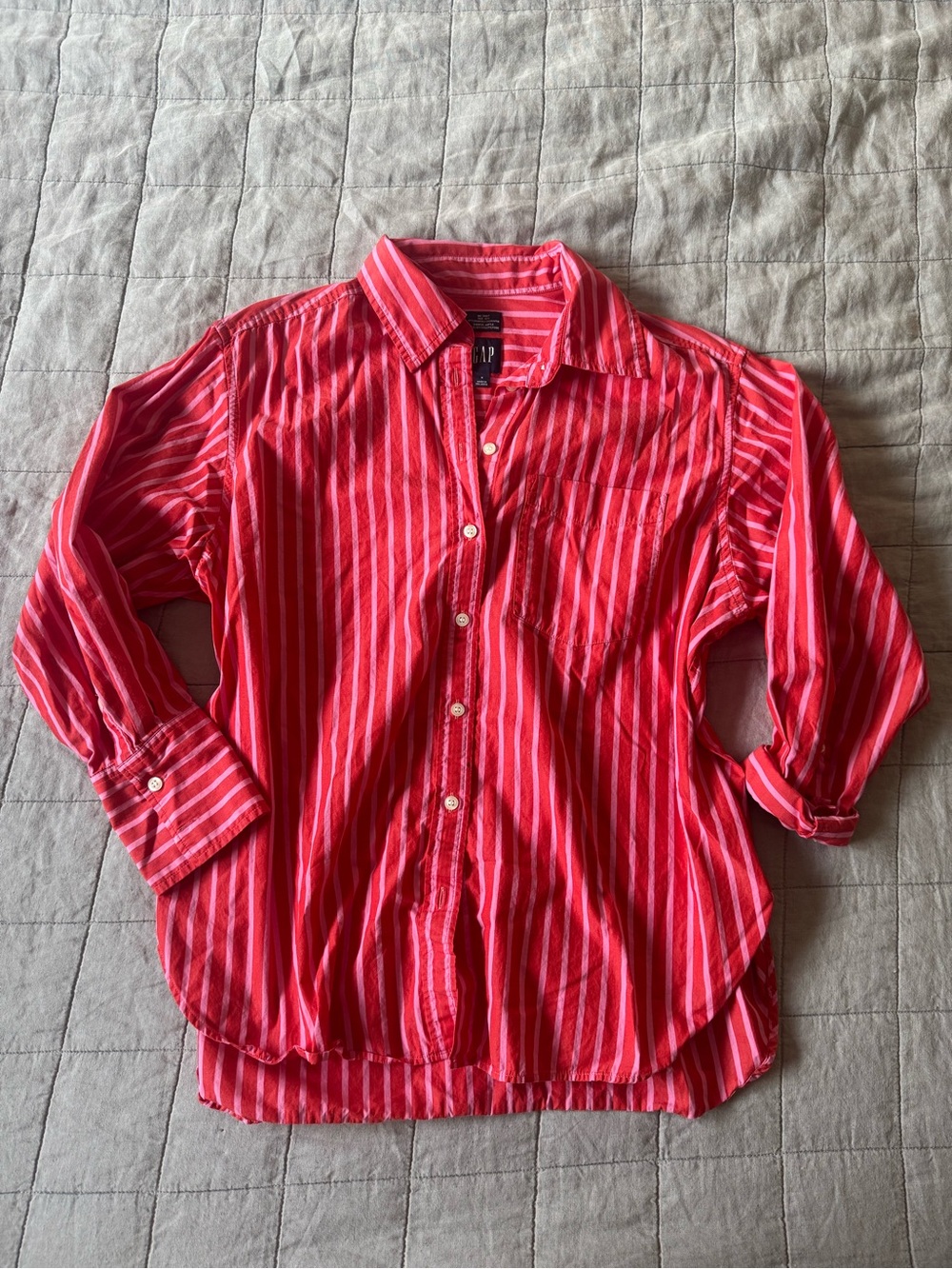 GAP Women’s “Big Shirt” Red and Pink Striped Button-Down Shirt